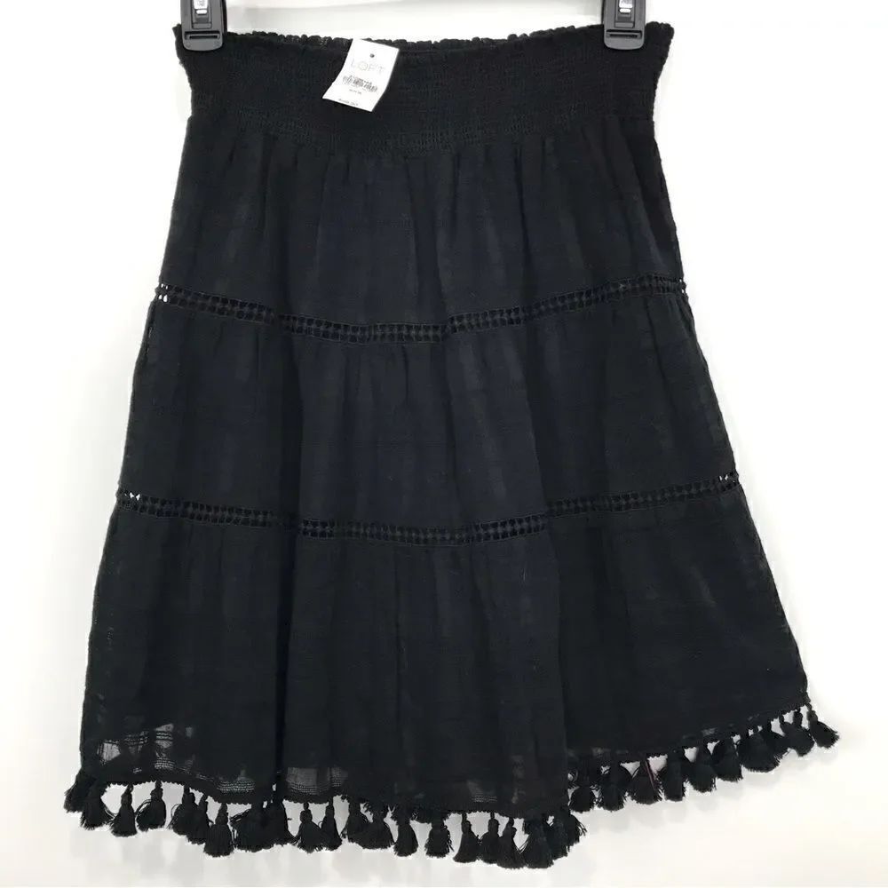 LOFT Black Tassel Hem Peasant Mini Skirt